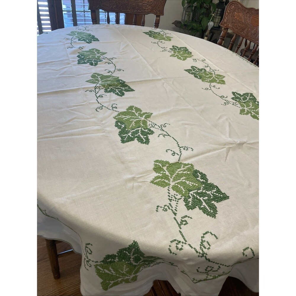 Linen Tablecloth Hand Cross Stitched  Ivy Leaves/Vines Gray Scalloped Edge 48x63